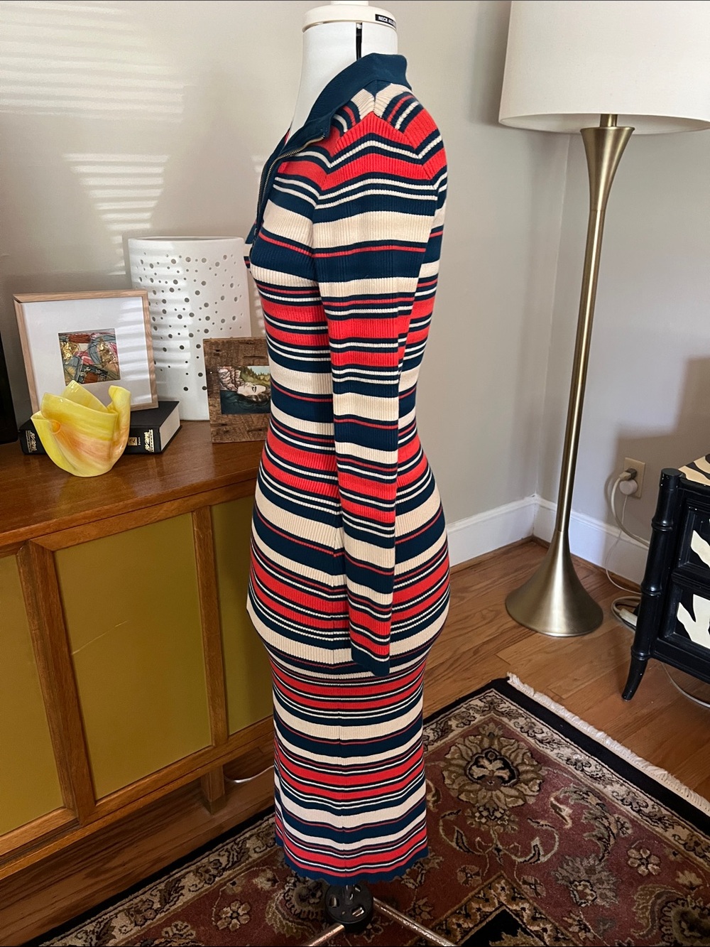 Nasty Gal Striped Zip-Up V-Neck Ribbed Maxi Dress in Red, Navy & Cream - Picture 5 of 7